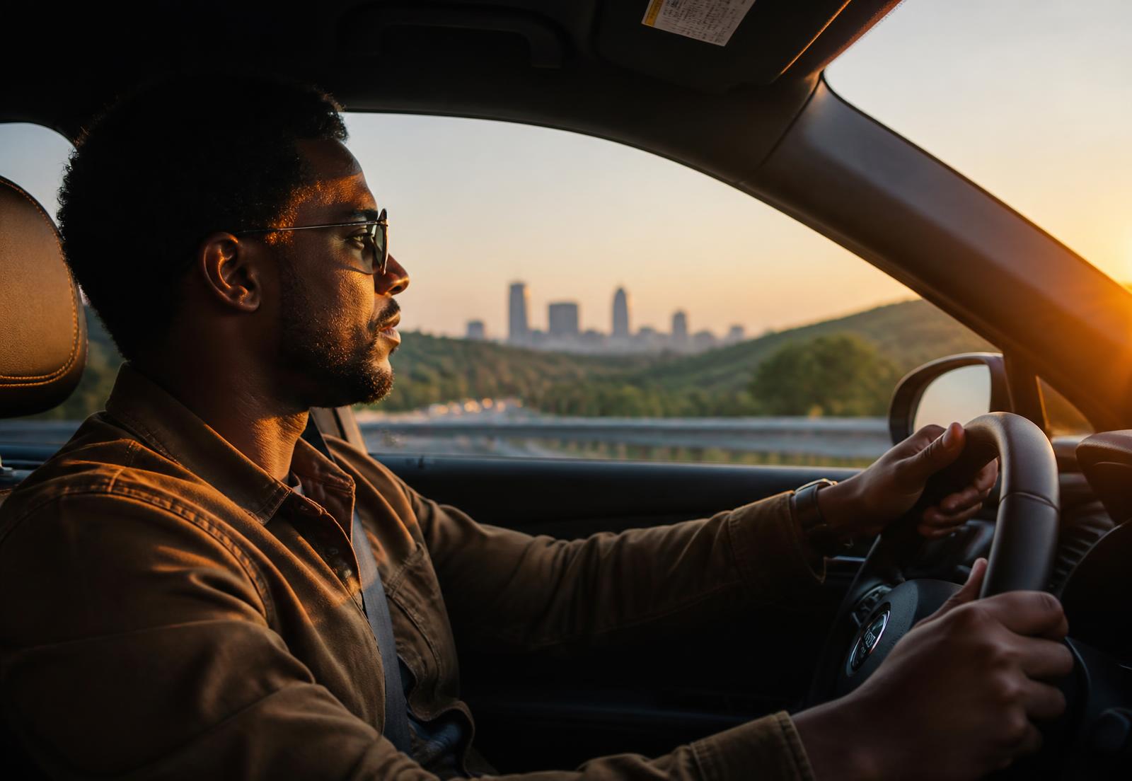 Driver back on the road at sunset