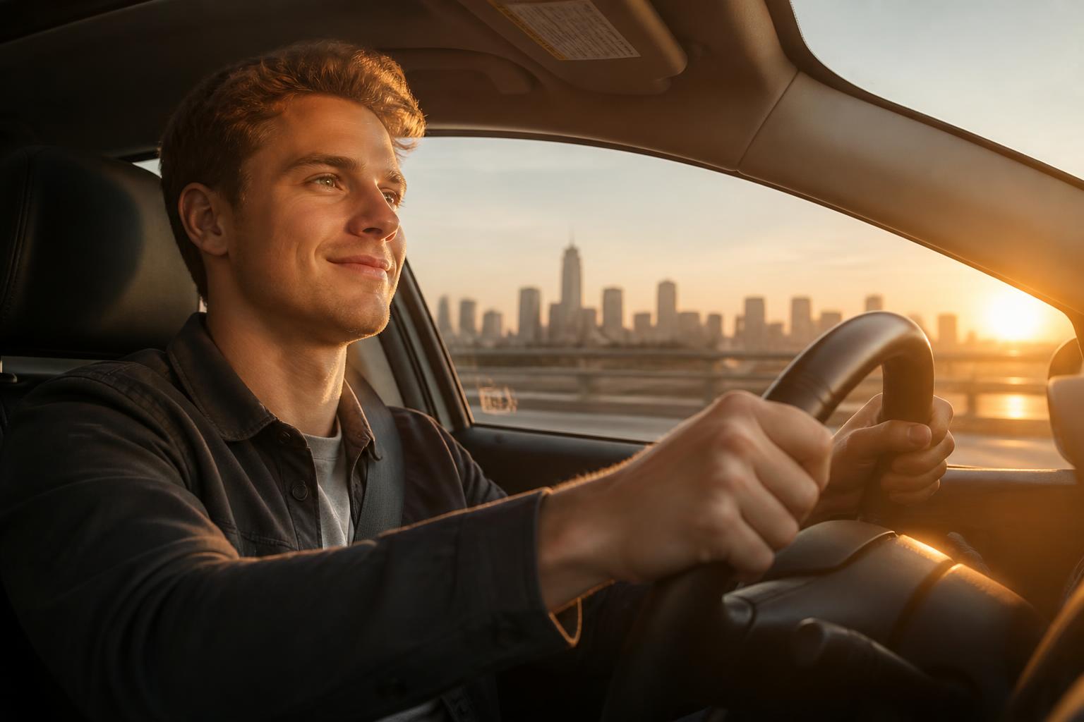 Driver back on the road at sunset